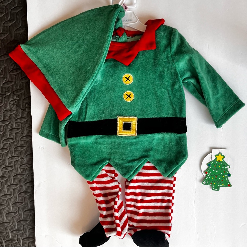 NWT!!! Koala Kids 3 Piece Green and Red Velour Elf Set - size 6-9 Months